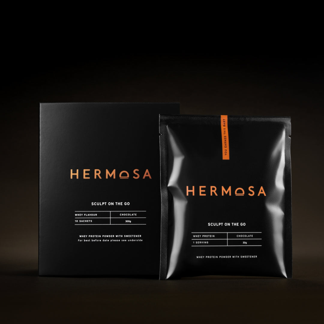 HERMOSA grass fed whey protein sachets in chocolate flavour